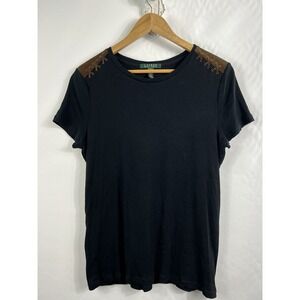 Lauren by Ralph Lauren Women's Black‎ Shoulder Patch 100% Cotton Ribbed Top XL